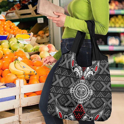 Black Aotearoa Taniko Motif Grocery Bag Vintage Maori New Zealand Tribal Art Pattern