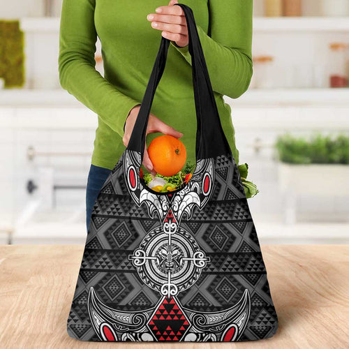 Black Aotearoa Taniko Motif Grocery Bag Vintage Maori New Zealand Tribal Art Pattern