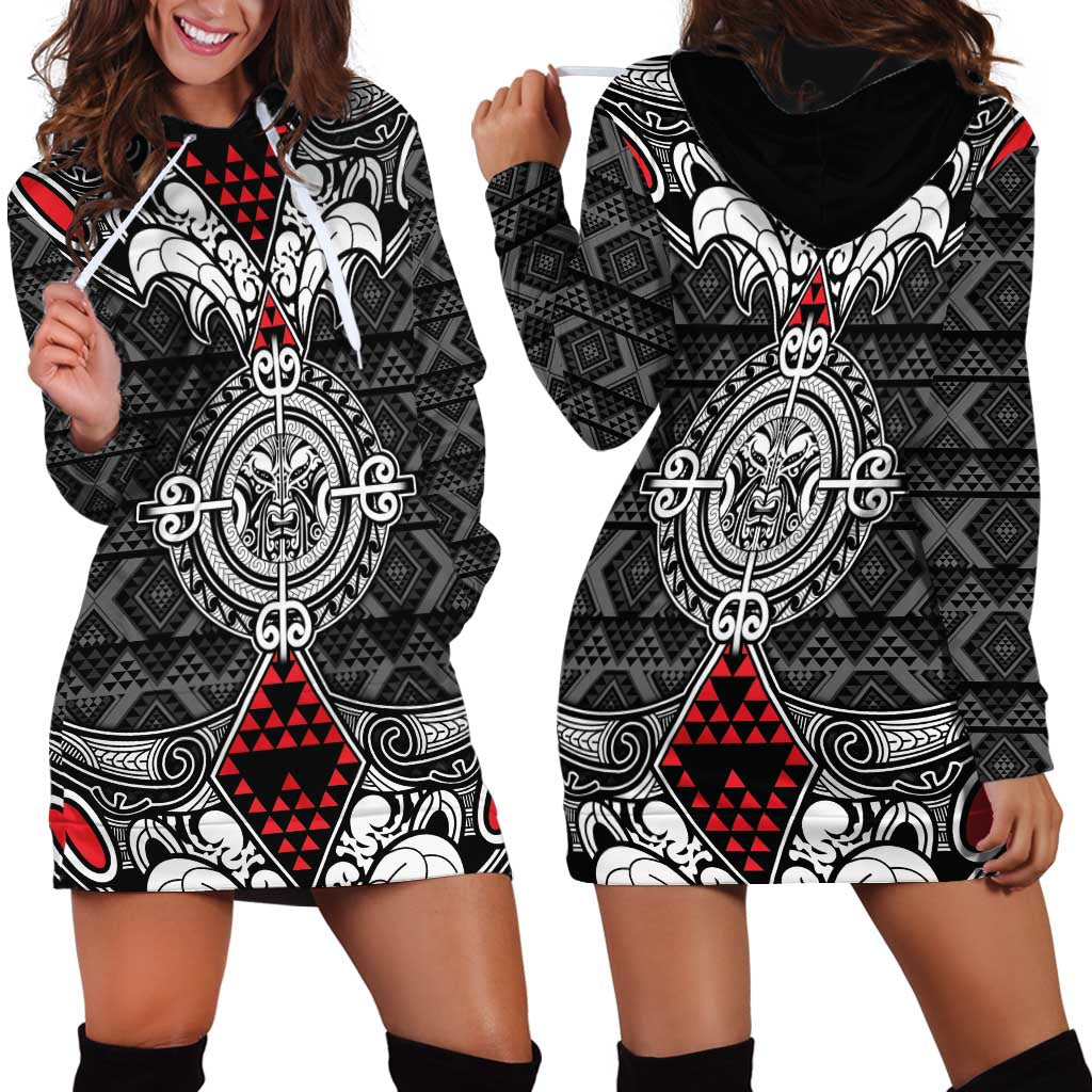 Black Aotearoa Tanilo Motif Hoodie Dress Vintage Maori New Zealand Tribal Art Pattern