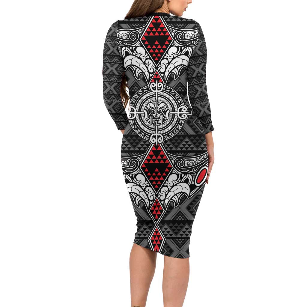 Black Aotearoa Tanilo Motif Long Sleeve Bodycon Dress Vintage Maori New Zealand Tribal Art Pattern