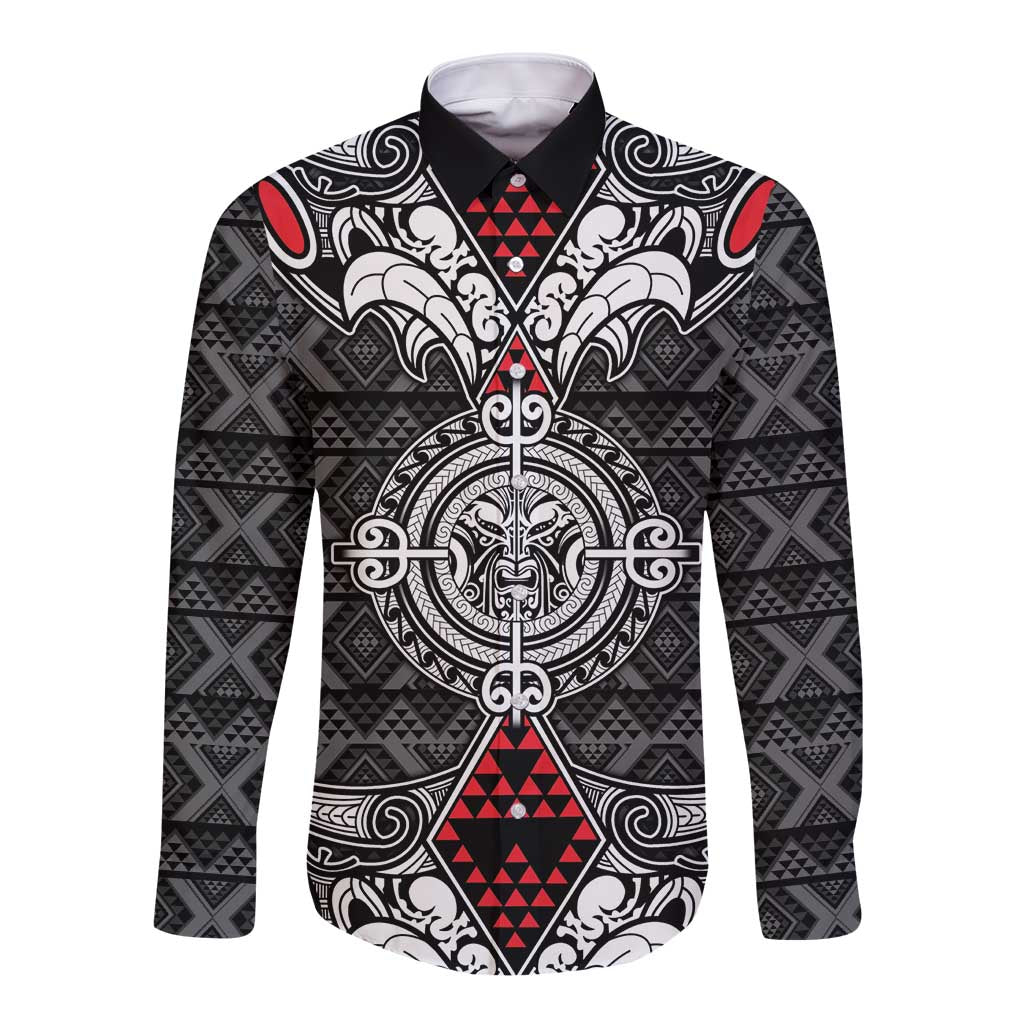 Black Aotearoa Tanilo Motif Long Sleeve Button Shirt Vintage Maori New Zealand Tribal Art Pattern