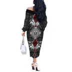 Black Aotearoa Tanilo Motif Off The Shoulder Long Sleeve Dress Vintage Maori New Zealand Tribal Art Pattern