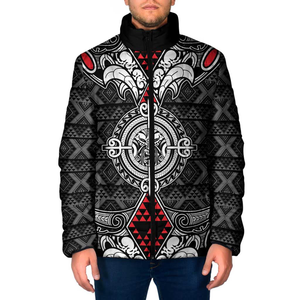 Black Aotearoa Taniko Motif Padded Jacket Vintage Maori New Zealand Tribal Art Pattern - Aussie Hoodie
