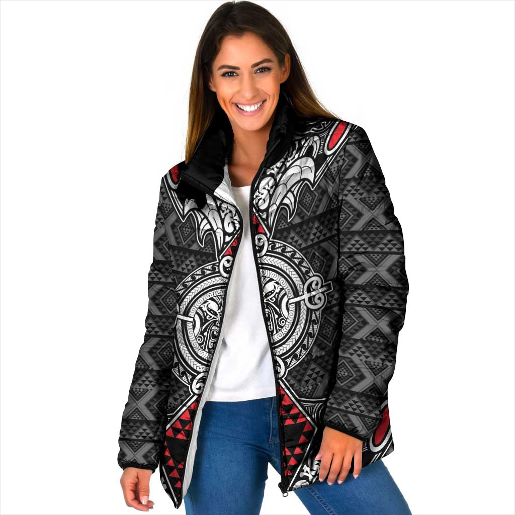 Black Aotearoa Taniko Motif Padded Jacket Vintage Maori New Zealand Tribal Art Pattern - Aussie Hoodie