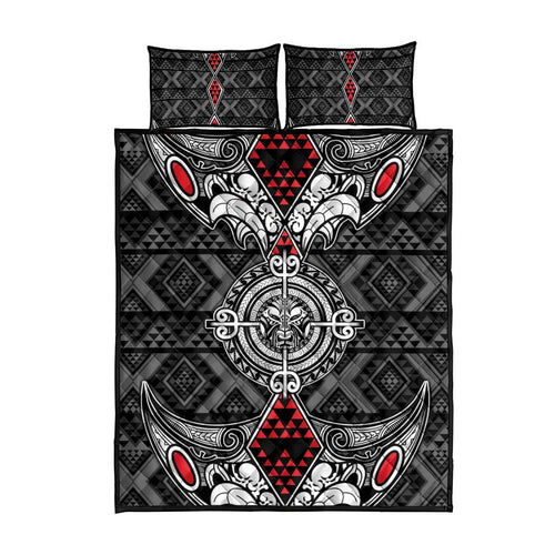 Black Aotearoa Taniko Motif Quilt Bed Set Vintage Maori New Zealand Tribal Art Pattern