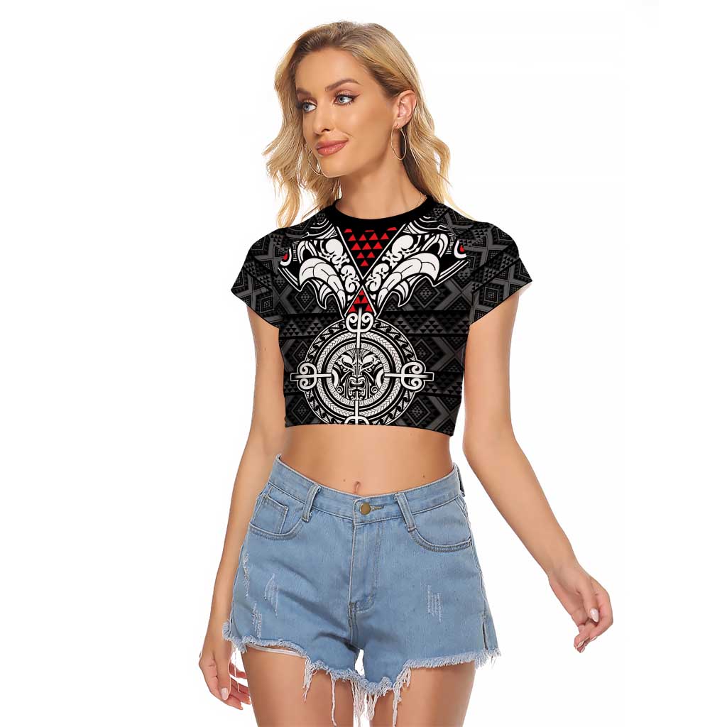 Black Aotearoa Tanilo Motif Raglan Cropped T Shirt Vintage Maori New Zealand Tribal Art Pattern