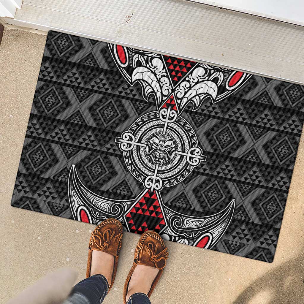 Black Aotearoa Taniko Motif Rubber Doormat Vintage Maori New Zealand Tribal Art Pattern