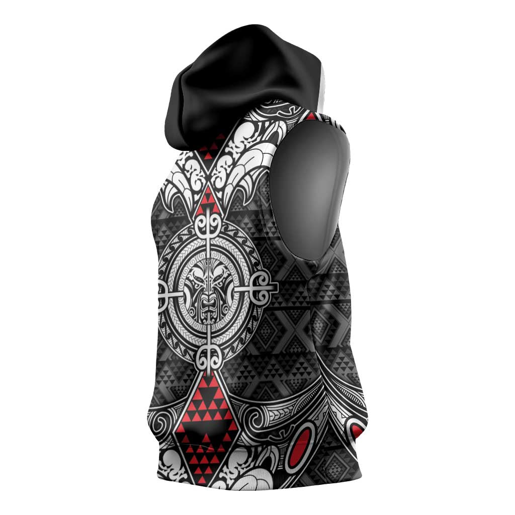 Black Aotearoa Taniko Motif Sleeveless Hoodie Vintage Maori New Zealand Tribal Art Pattern - Aussie Hoodie