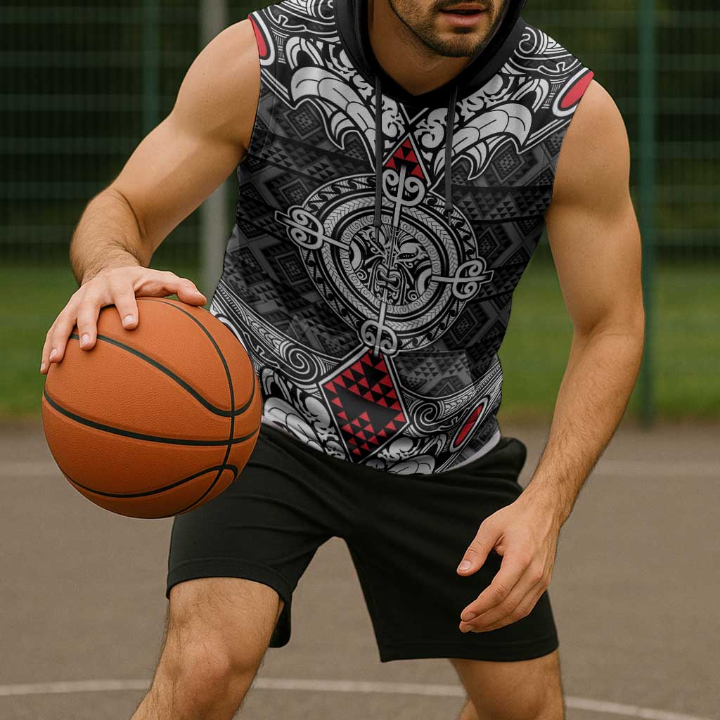 Black Aotearoa Taniko Motif Sleeveless Hoodie Vintage Maori New Zealand Tribal Art Pattern - Aussie Hoodie