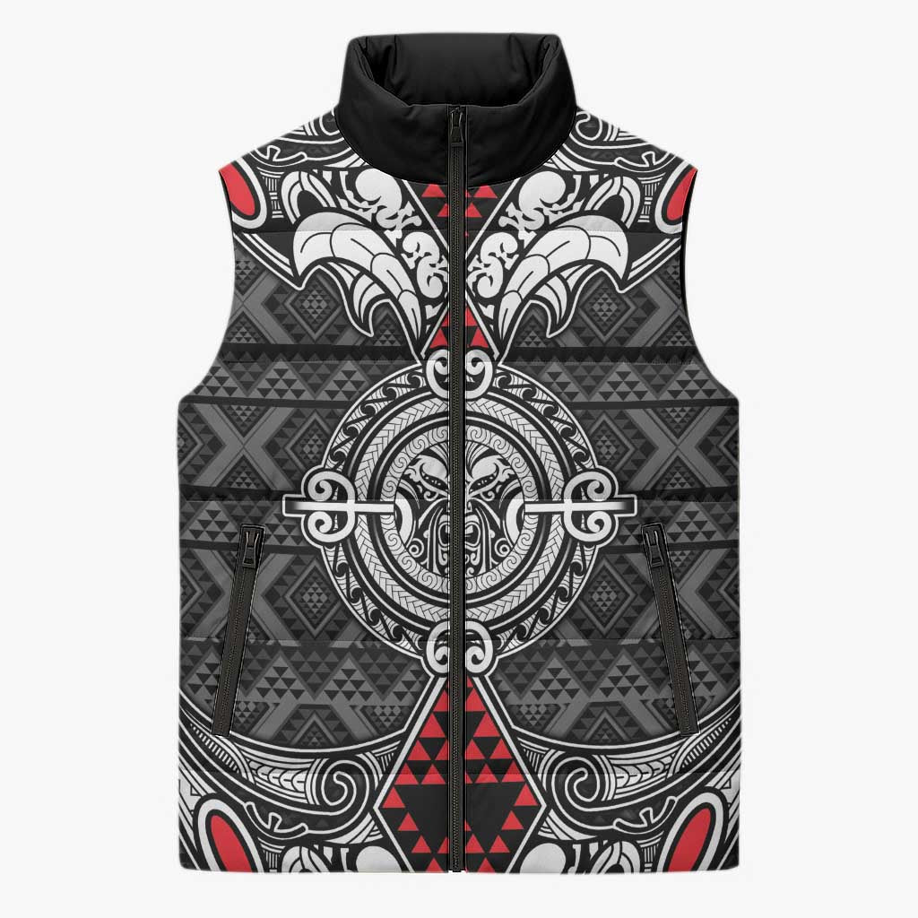 Black Aotearoa Taniko Motif Sleeveless Puffer Jacket Vintage Maori New Zealand Tribal Art Pattern - Aussie Hoodie