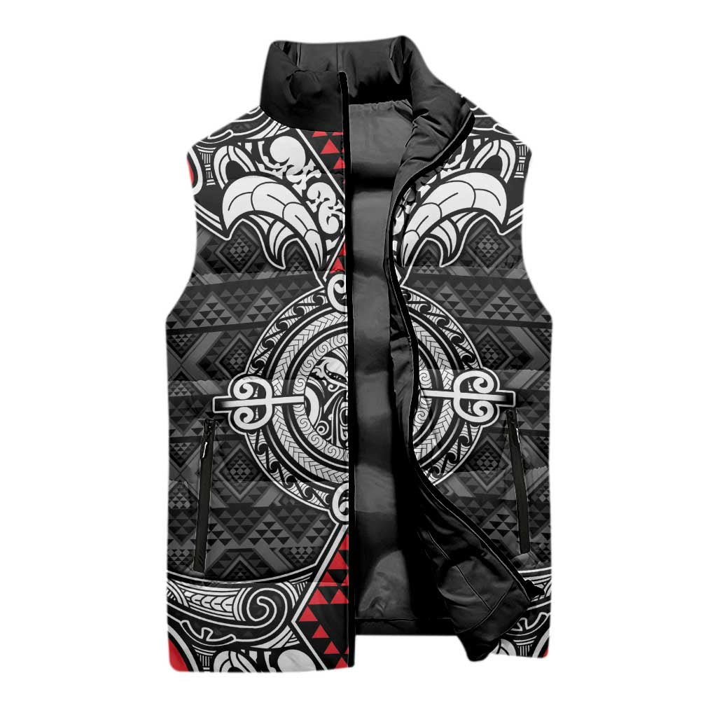 Black Aotearoa Taniko Motif Sleeveless Puffer Jacket Vintage Maori New Zealand Tribal Art Pattern - Aussie Hoodie