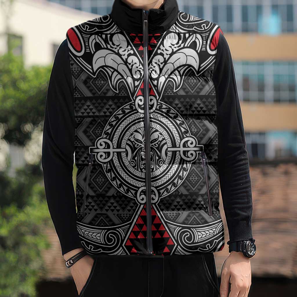 Black Aotearoa Taniko Motif Sleeveless Puffer Jacket Vintage Maori New Zealand Tribal Art Pattern - Aussie Hoodie