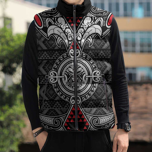 Black Aotearoa Taniko Motif Sleeveless Puffer Jacket Vintage Maori New Zealand Tribal Art Pattern - Aussie Hoodie