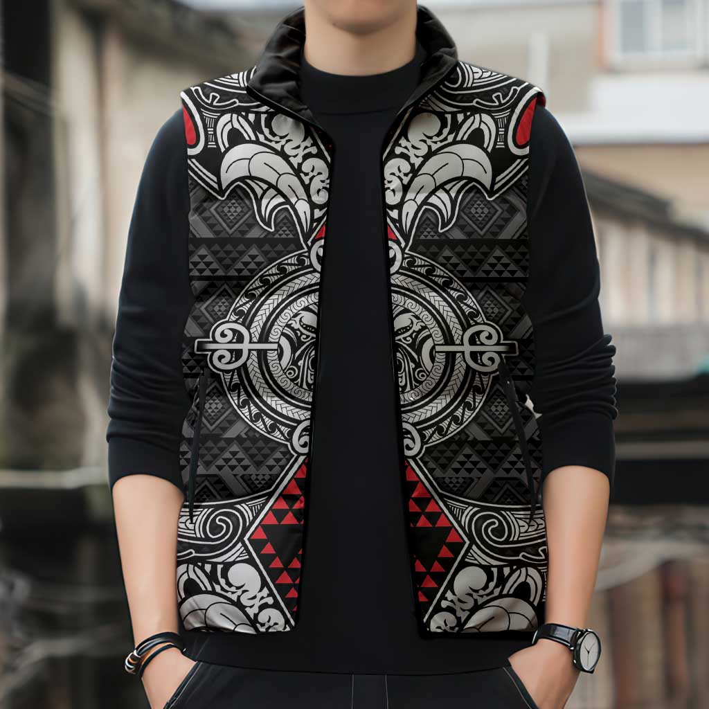 Black Aotearoa Taniko Motif Sleeveless Puffer Jacket Vintage Maori New Zealand Tribal Art Pattern - Aussie Hoodie