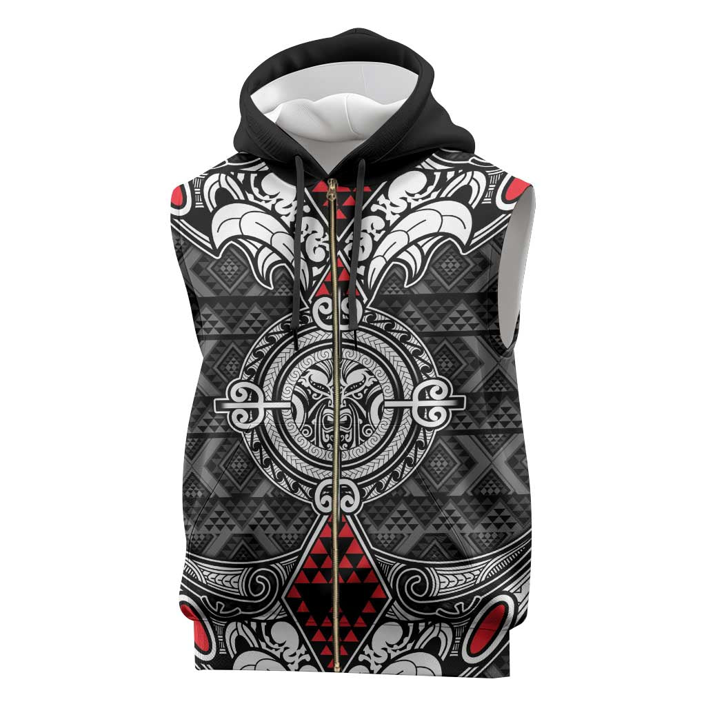 Black Aotearoa Taniko Motif Sleeveless Zip Hoodie Vintage Maori New Zealand Tribal Art Pattern - Aussie Hoodie