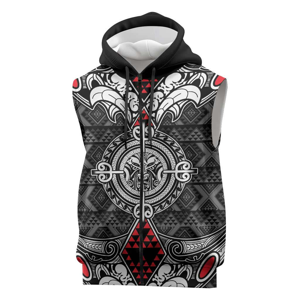 Black Aotearoa Taniko Motif Sleeveless Zip Hoodie Vintage Maori New Zealand Tribal Art Pattern LT9