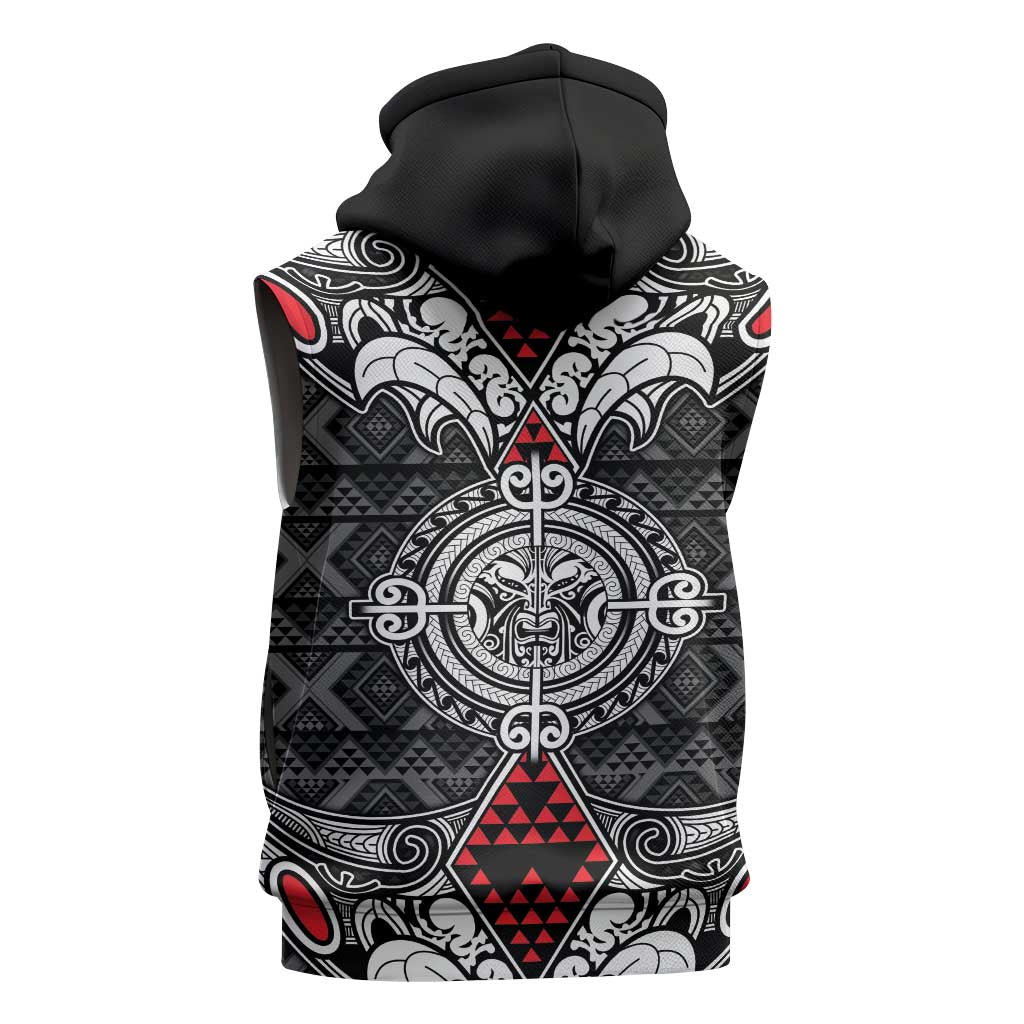 Black Aotearoa Taniko Motif Sleeveless Zip Hoodie Vintage Maori New Zealand Tribal Art Pattern LT9