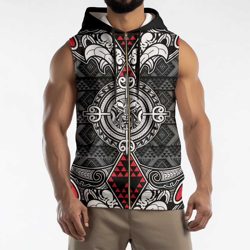 Black Aotearoa Taniko Motif Sleeveless Zip Hoodie Vintage Maori New Zealand Tribal Art Pattern - Aussie Hoodie