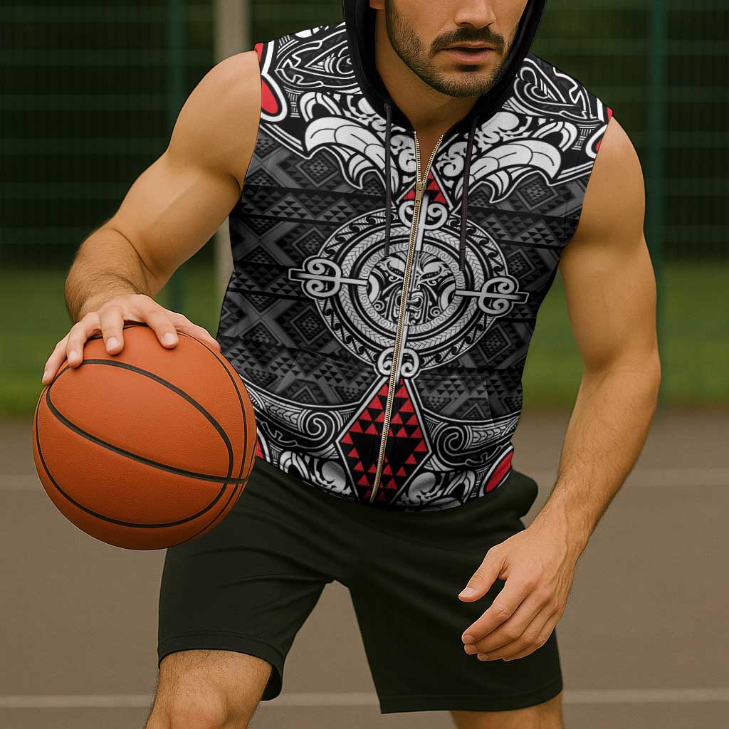 Black Aotearoa Taniko Motif Sleeveless Zip Hoodie Vintage Maori New Zealand Tribal Art Pattern - Aussie Hoodie