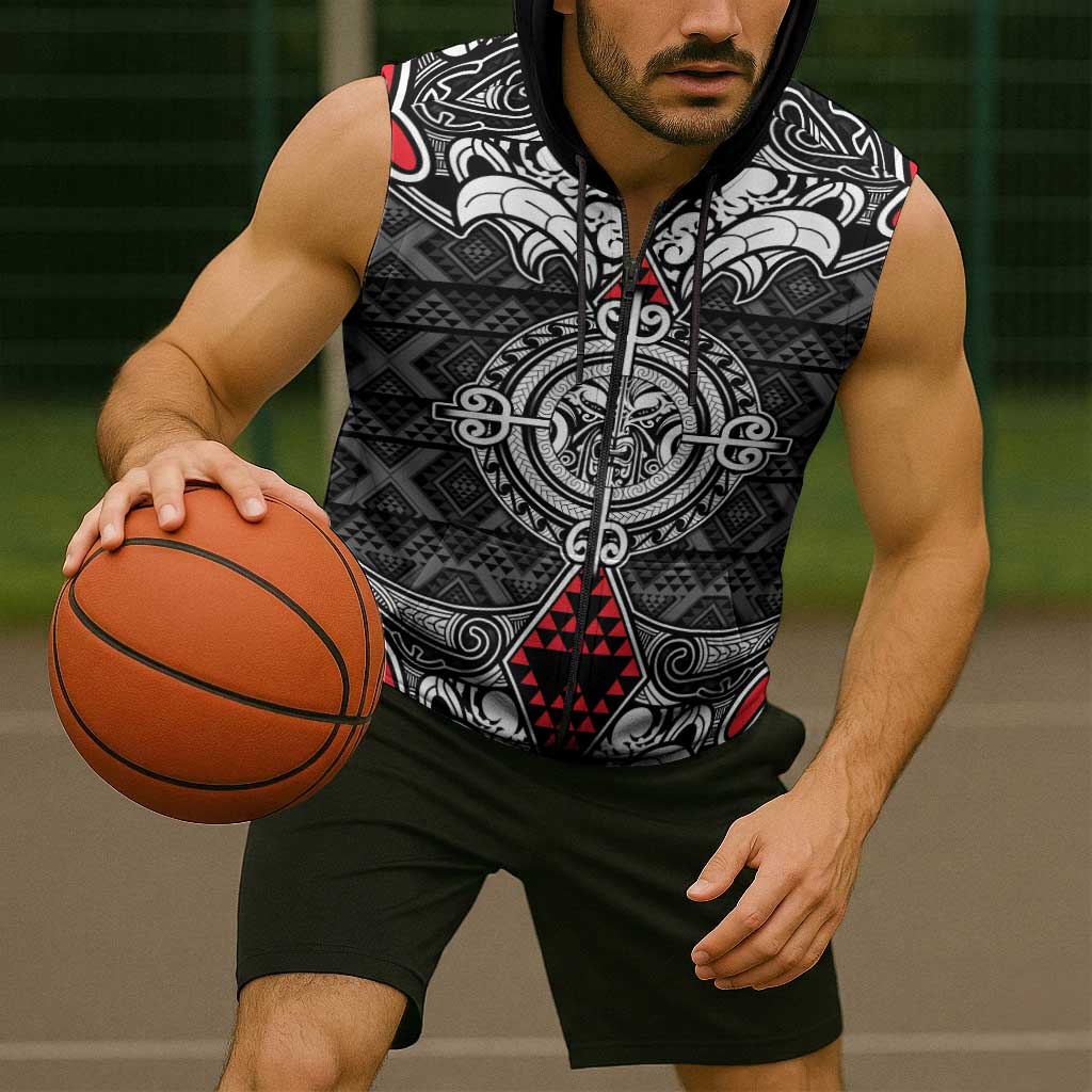 Black Aotearoa Taniko Motif Sleeveless Zip Hoodie Vintage Maori New Zealand Tribal Art Pattern LT9
