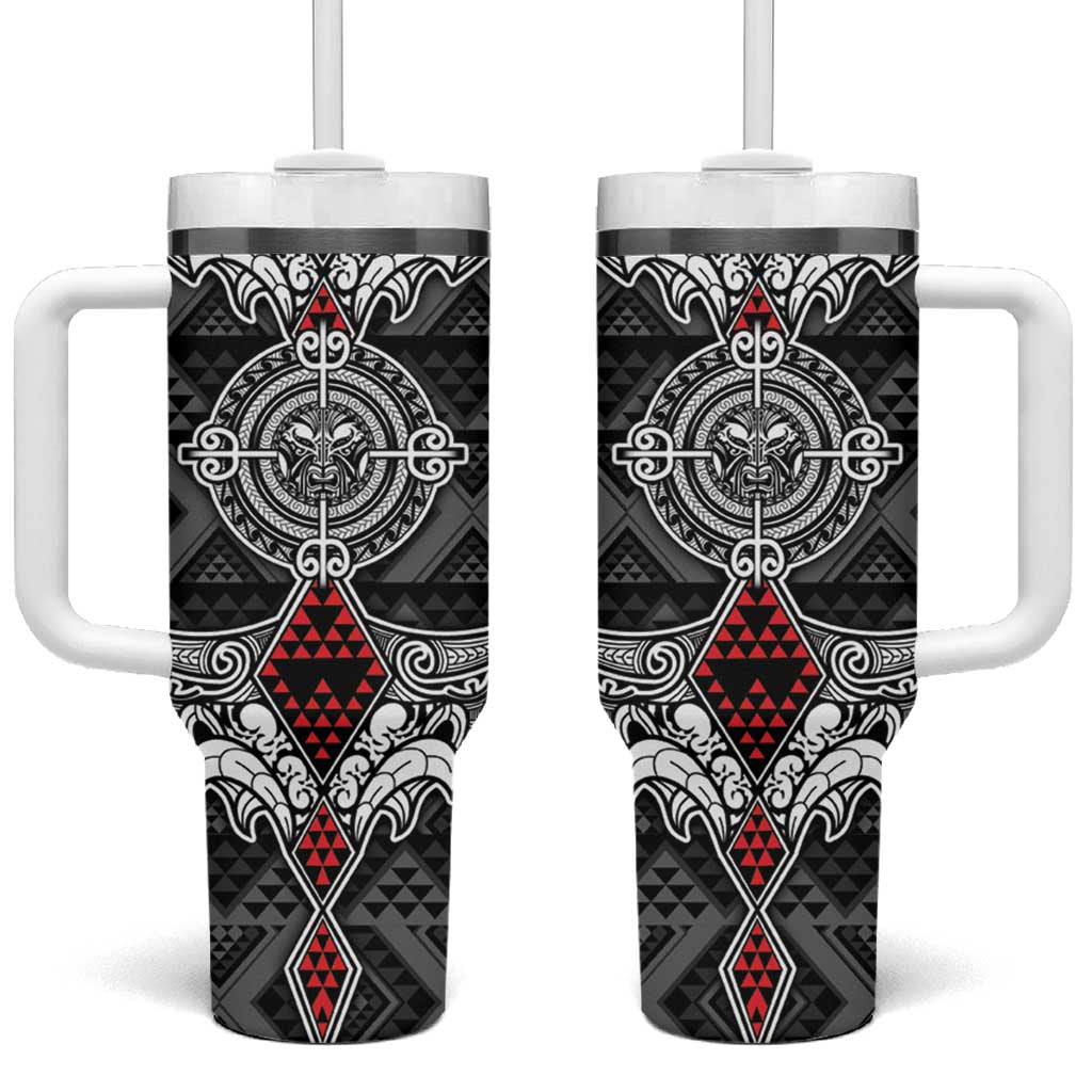 Black Aotearoa Taniko Motif Tumbler With Handle Vintage Maori New Zealand Tribal Art Pattern