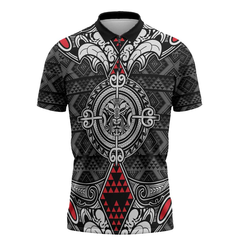 Black Aotearoa Taniko Motif Zipper Polo Shirt Vintage Maori New Zealand Tribal Art Pattern - Aussie Hoodie