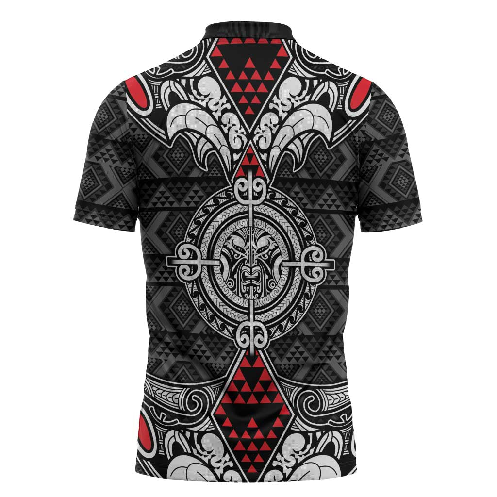 Black Aotearoa Taniko Motif Zipper Polo Shirt Vintage Maori New Zealand Tribal Art Pattern - Aussie Hoodie