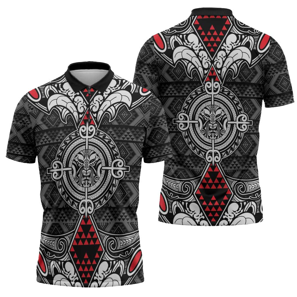 Black Aotearoa Taniko Motif Zipper Polo Shirt Vintage Maori New Zealand Tribal Art Pattern - Aussie Hoodie