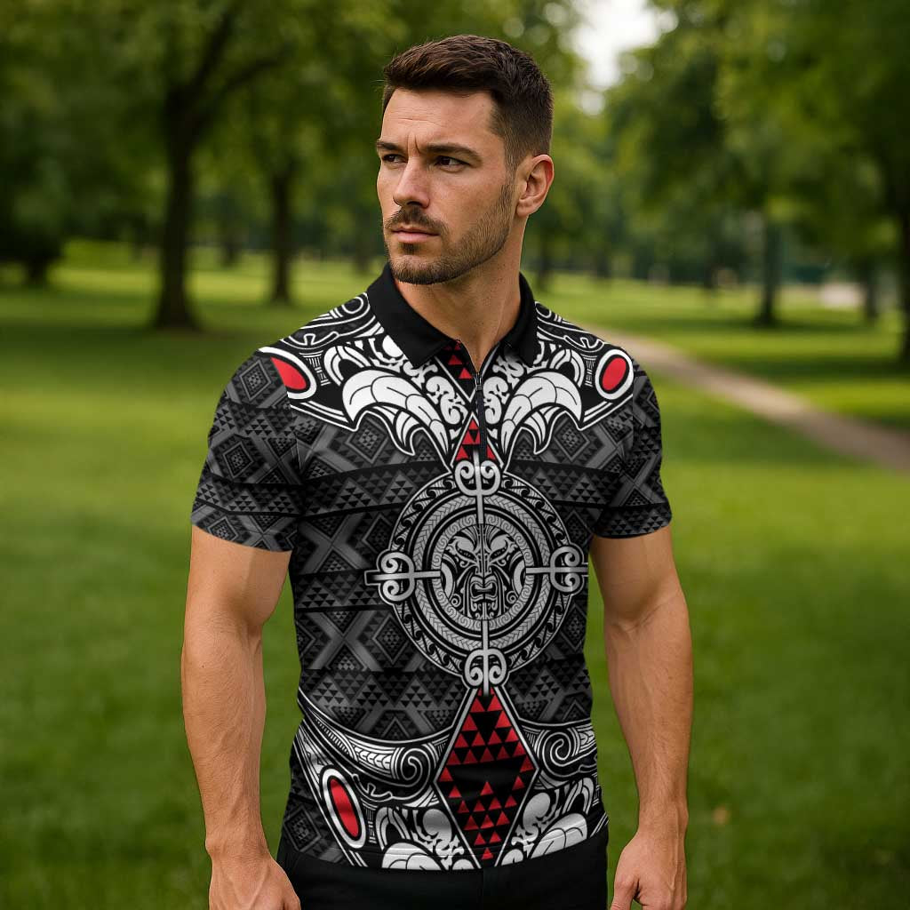 Black Aotearoa Taniko Motif Zipper Polo Shirt Vintage Maori New Zealand Tribal Art Pattern - Aussie Hoodie