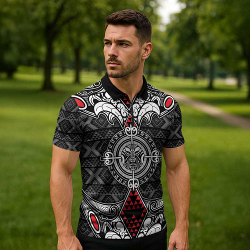 Black Aotearoa Taniko Motif Zipper Polo Shirt Vintage Maori New Zealand Tribal Art Pattern - Aussie Hoodie