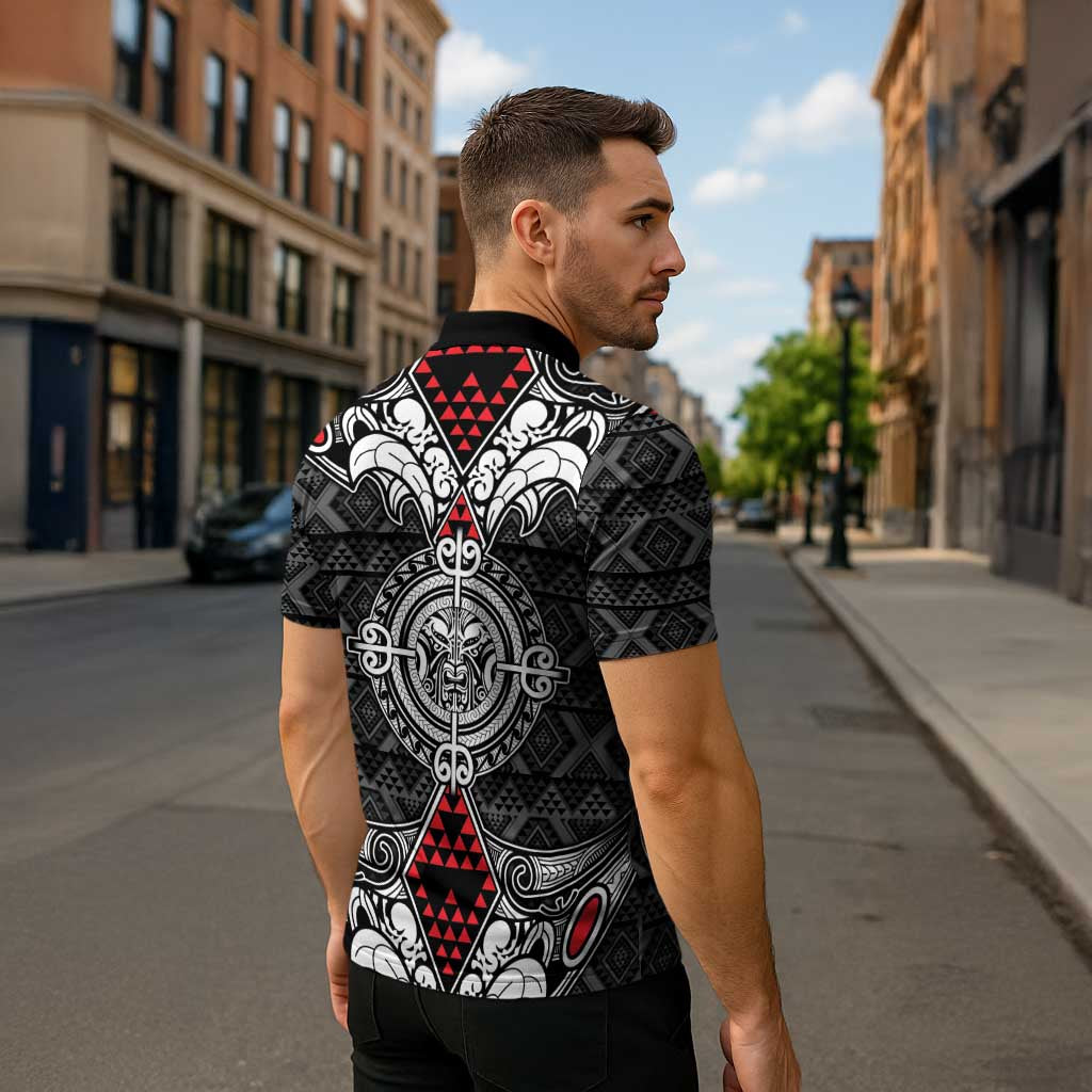 Black Aotearoa Taniko Motif Zipper Polo Shirt Vintage Maori New Zealand Tribal Art Pattern - Aussie Hoodie