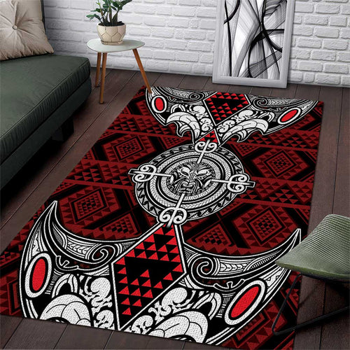 Red Aotearoa Taniko Motif Area Rug Vintage Maori New Zealand Tribal Art Pattern