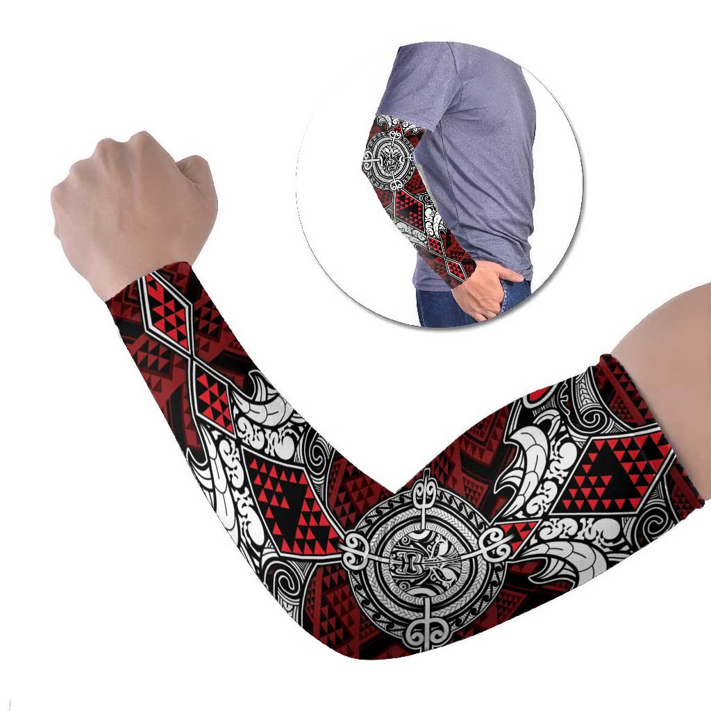 Red Aotearoa Taniko Motif Arm Sleeves Vintage Maori New Zealand Tribal Art Pattern - Aussie Hoodie