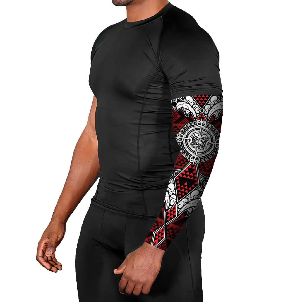 Red Aotearoa Taniko Motif Arm Sleeves Vintage Maori New Zealand Tribal Art Pattern - Aussie Hoodie