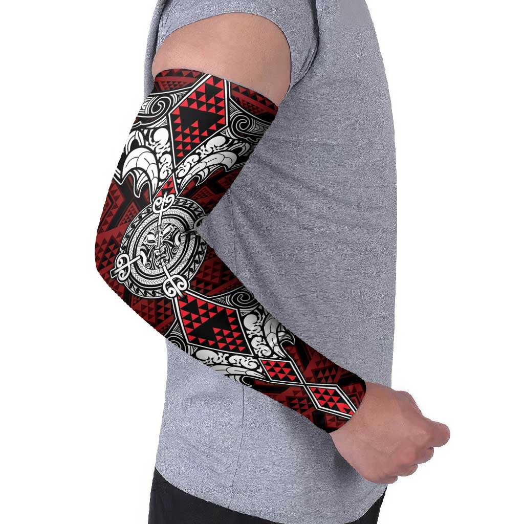 Red Aotearoa Taniko Motif Arm Sleeves Vintage Maori New Zealand Tribal Art Pattern - Aussie Hoodie