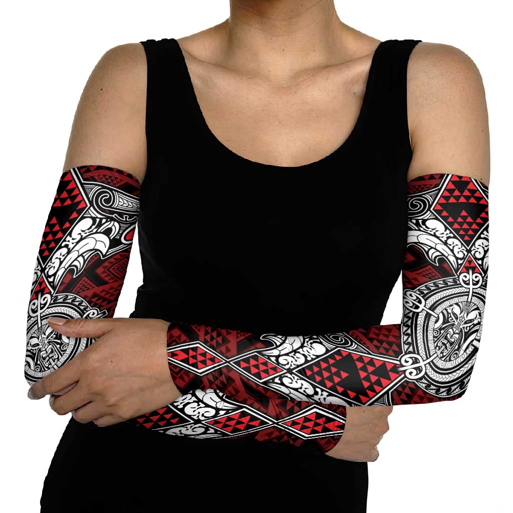 Red Aotearoa Taniko Motif Arm Sleeves Vintage Maori New Zealand Tribal Art Pattern - Aussie Hoodie