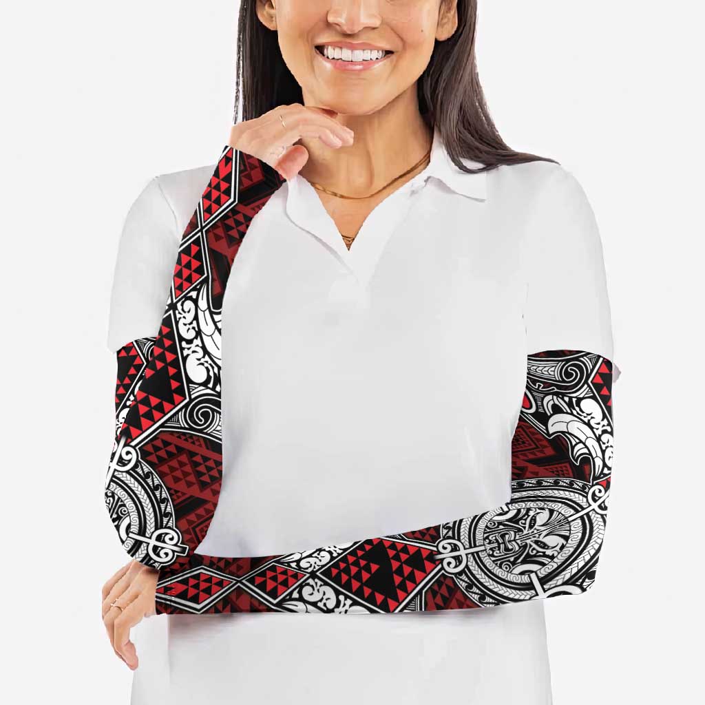 Red Aotearoa Taniko Motif Arm Sleeves Vintage Maori New Zealand Tribal Art Pattern - Aussie Hoodie