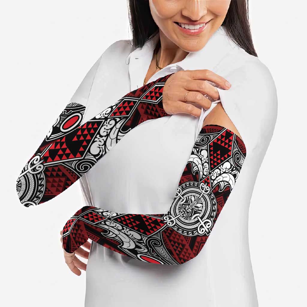 Red Aotearoa Taniko Motif Arm Sleeves Vintage Maori New Zealand Tribal Art Pattern - Aussie Hoodie