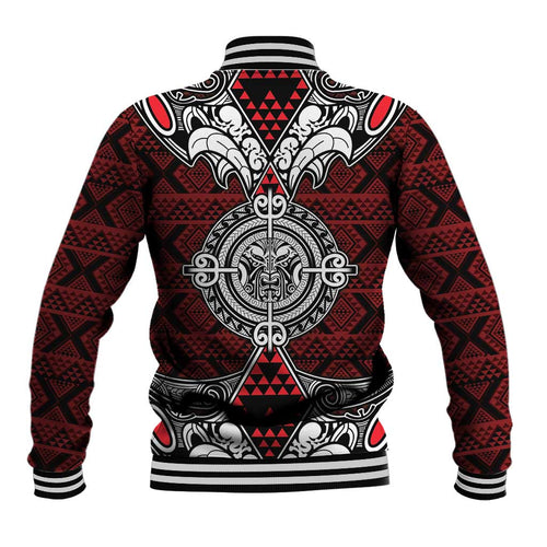 Red Aotearoa Tanilo Motif Baseball Jacket Vintage Maori New Zealand Tribal Art Pattern
