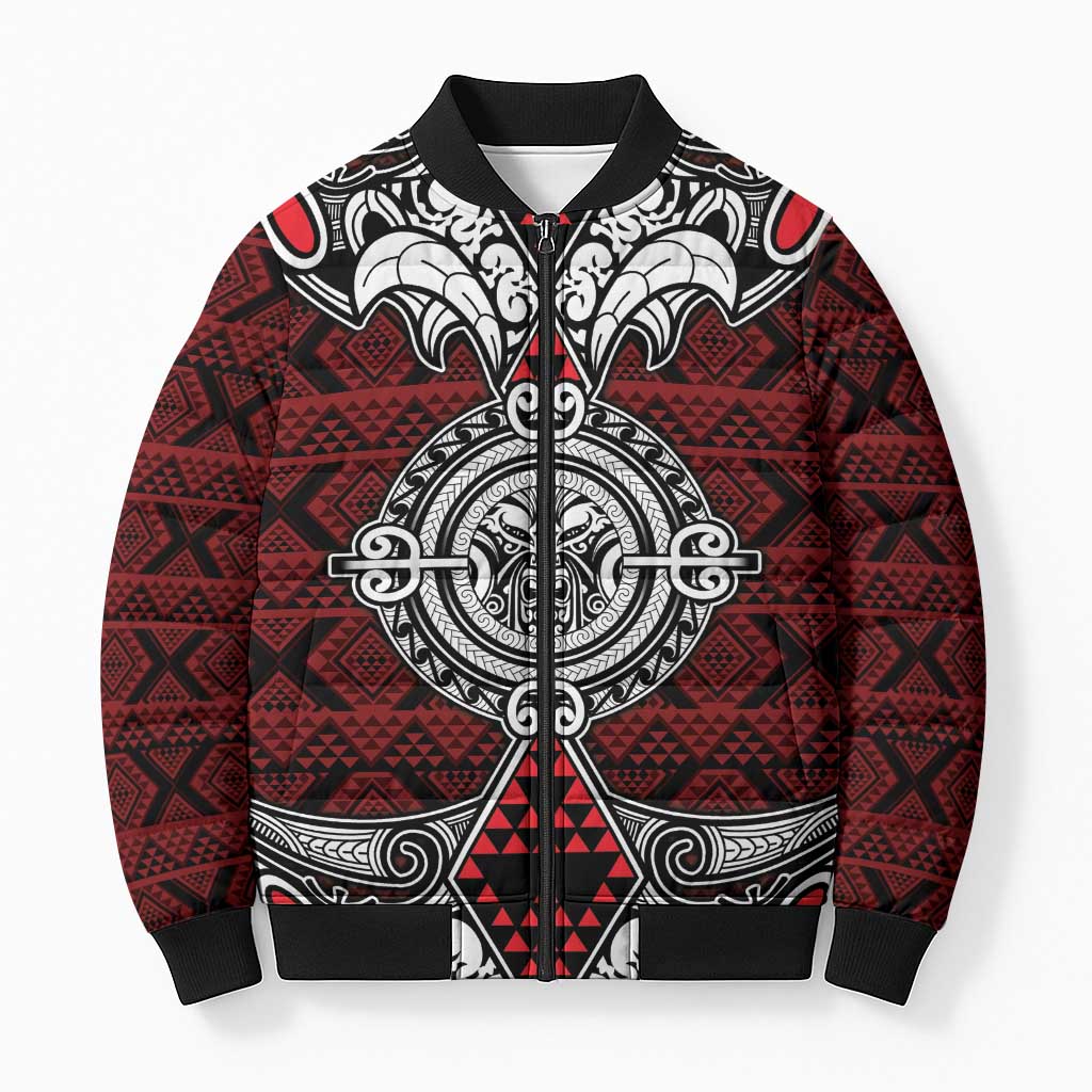 Red Aotearoa Taniko Motif Bomber Puffer Jacket Vintage Maori New Zealand Tribal Art Pattern - Aussie Hoodie
