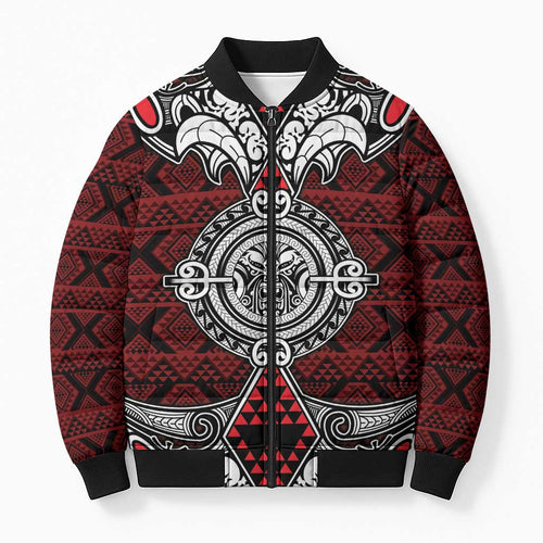 Red Aotearoa Taniko Motif Bomber Puffer Jacket Vintage Maori New Zealand Tribal Art Pattern - Aussie Hoodie