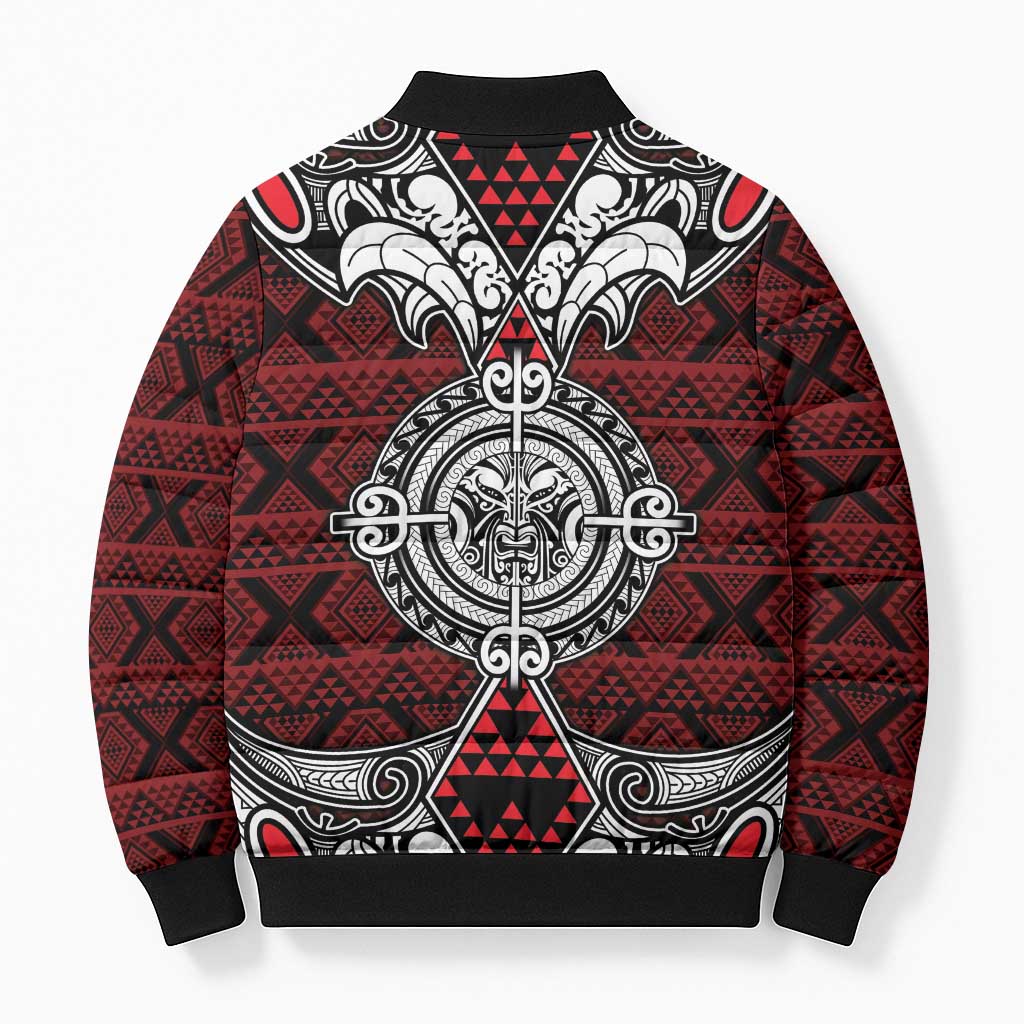 Red Aotearoa Taniko Motif Bomber Puffer Jacket Vintage Maori New Zealand Tribal Art Pattern - Aussie Hoodie