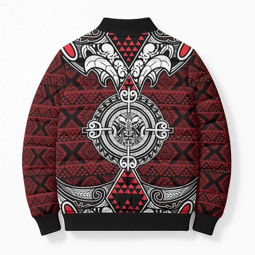 Red Aotearoa Taniko Motif Bomber Puffer Jacket Vintage Maori New Zealand Tribal Art Pattern - Aussie Hoodie