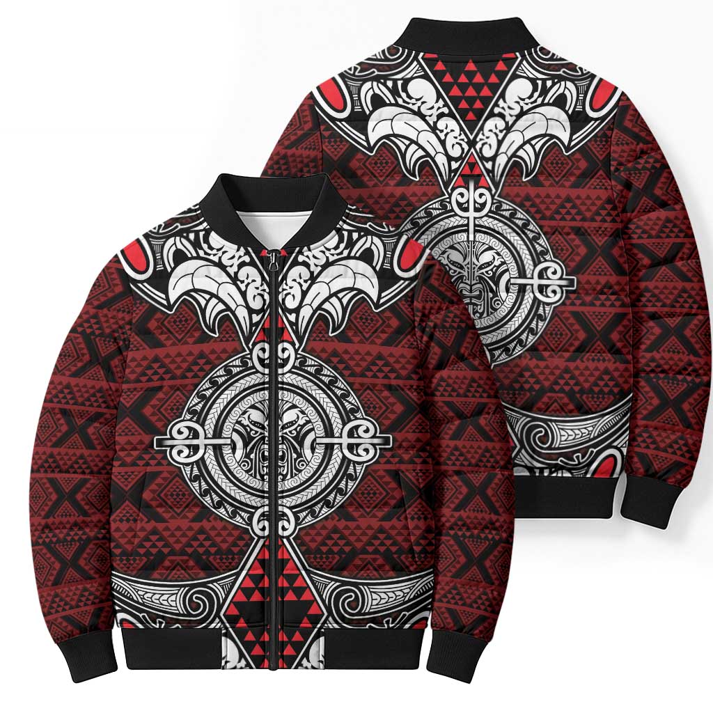 Red Aotearoa Taniko Motif Bomber Puffer Jacket Vintage Maori New Zealand Tribal Art Pattern - Aussie Hoodie