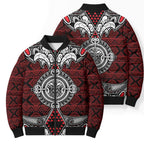 Red Aotearoa Taniko Motif Bomber Puffer Jacket Vintage Maori New Zealand Tribal Art Pattern - Aussie Hoodie