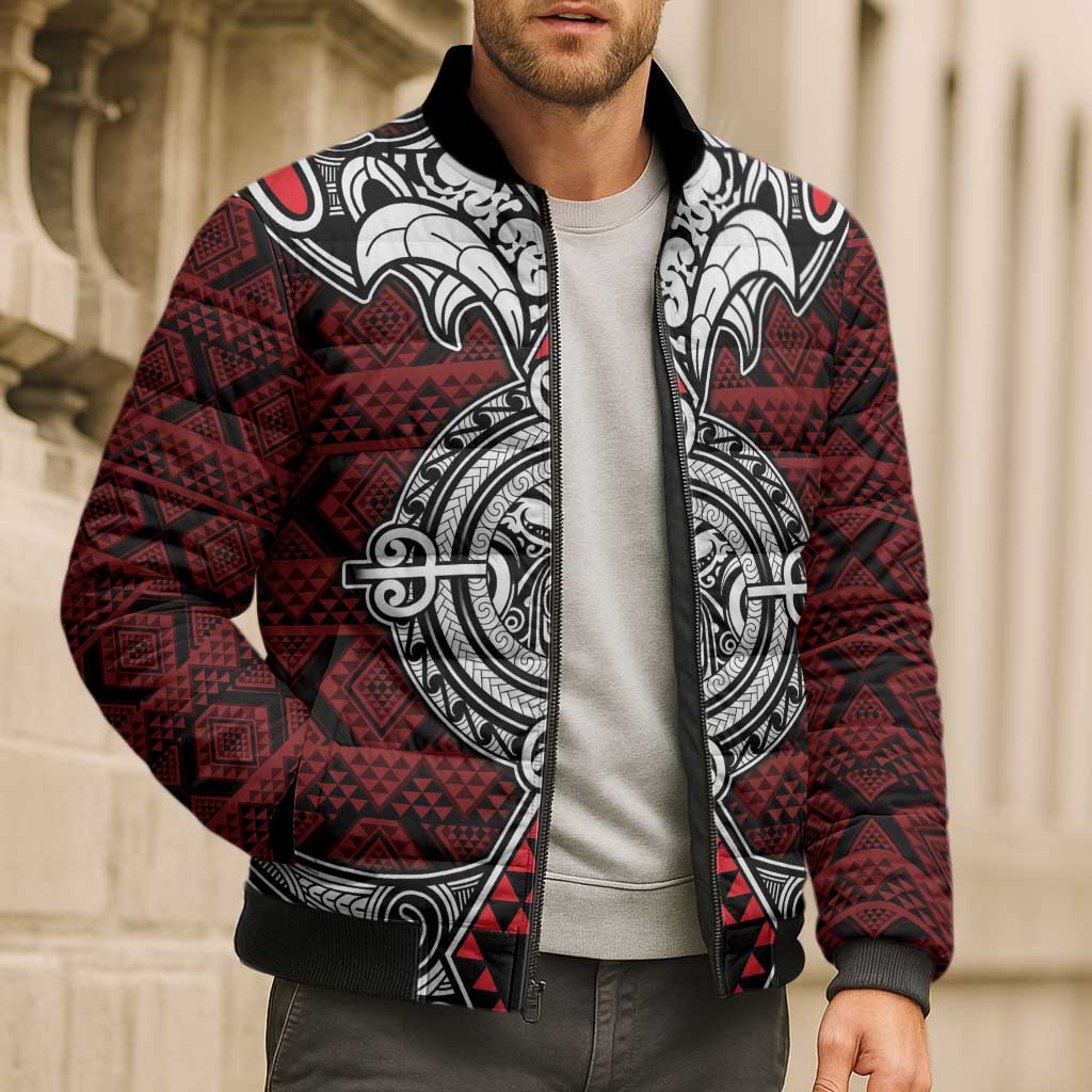 Red Aotearoa Taniko Motif Bomber Puffer Jacket Vintage Maori New Zealand Tribal Art Pattern - Aussie Hoodie