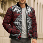 Red Aotearoa Taniko Motif Bomber Puffer Jacket Vintage Maori New Zealand Tribal Art Pattern - Aussie Hoodie