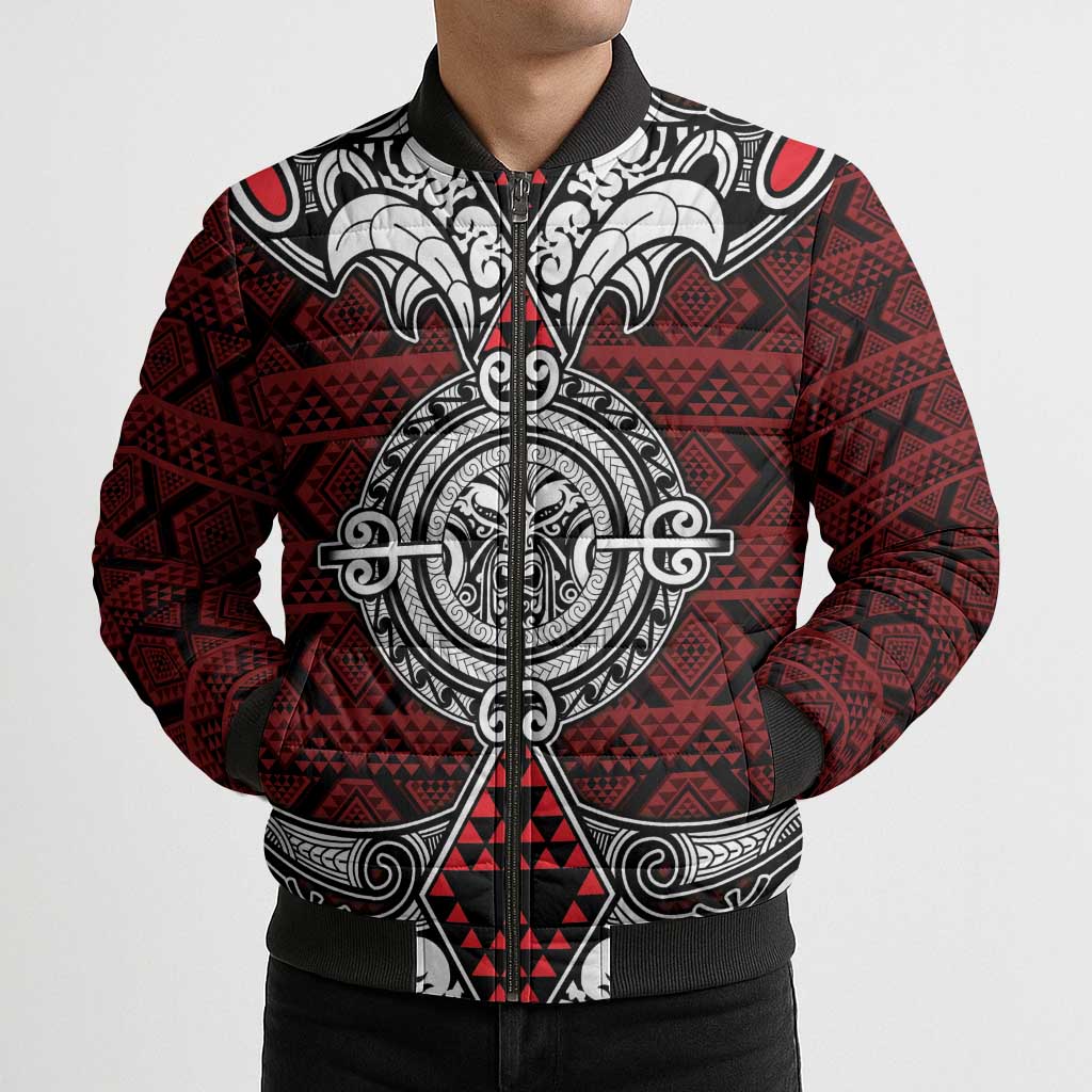 Red Aotearoa Taniko Motif Bomber Puffer Jacket Vintage Maori New Zealand Tribal Art Pattern - Aussie Hoodie