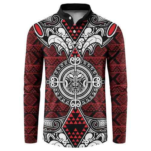 Red Aotearoa Tanilo Motif Button Sweatshirt Vintage Maori New Zealand Tribal Art Pattern