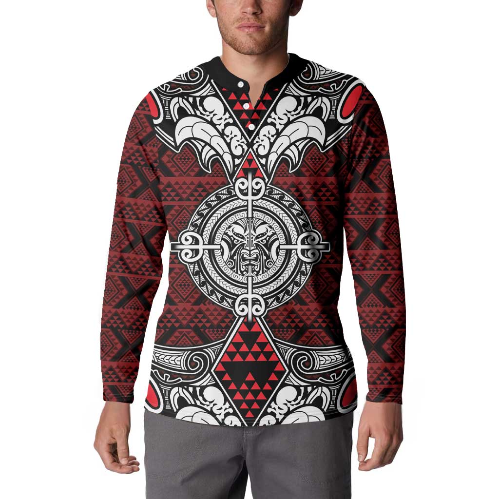 Red Aotearoa Tanilo Motif Button Sweatshirt Vintage Maori New Zealand Tribal Art Pattern